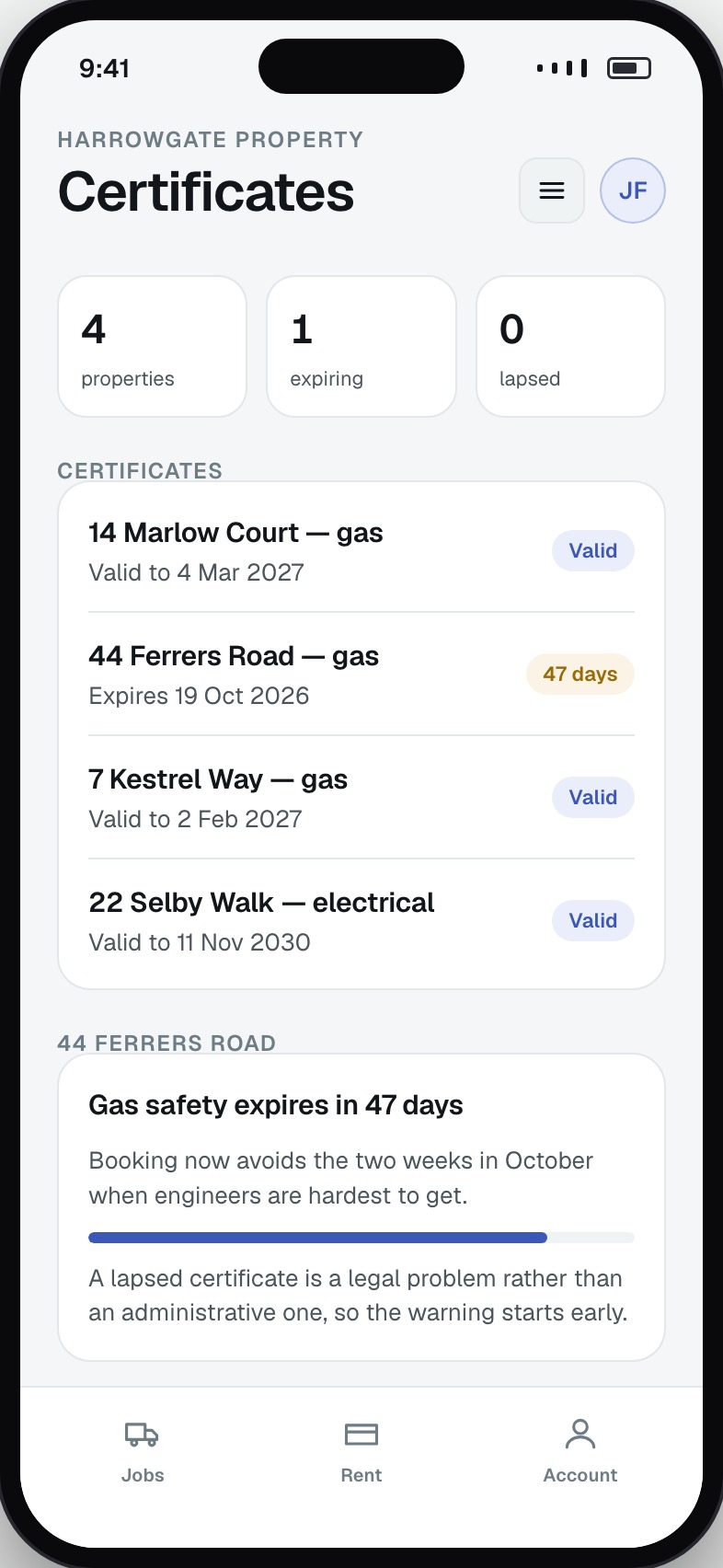 Safety certificates with expiry dates per property