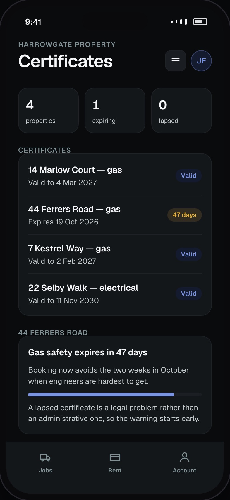 Safety certificates with expiry dates per property