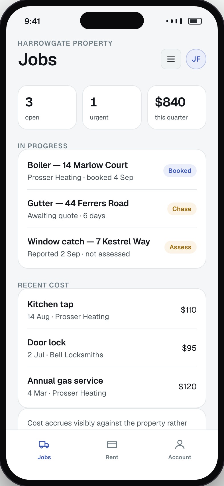 Maintenance jobs with contractor, status and cost