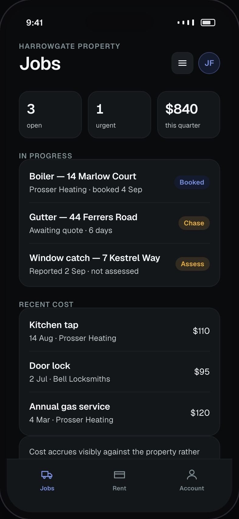 Maintenance jobs with contractor, status and cost