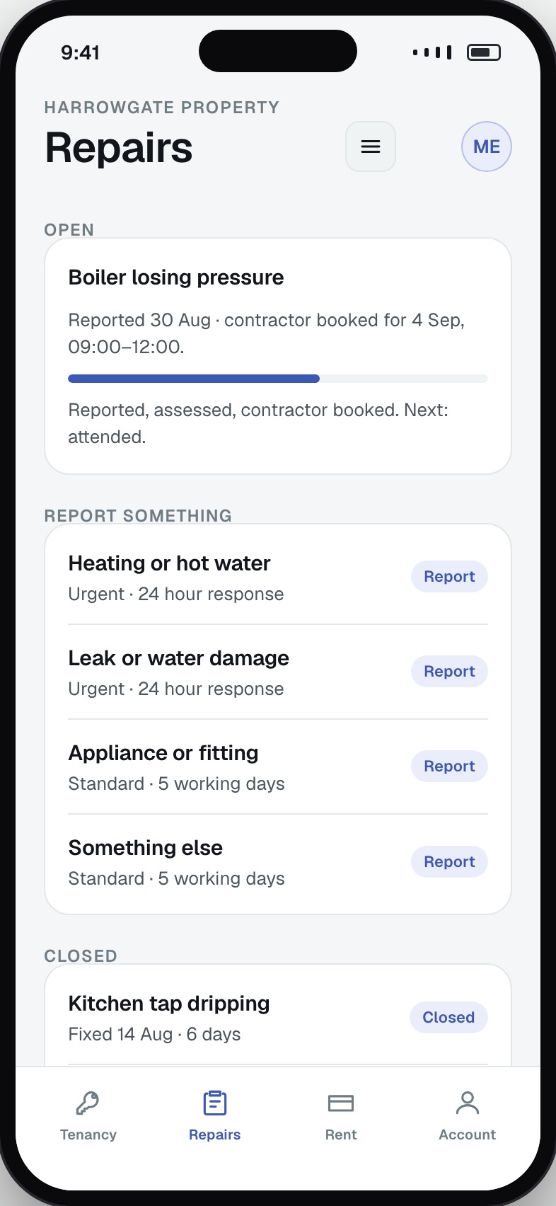 Repair reporting with photos and progress to completion