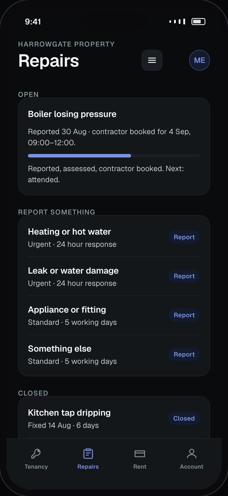Repair reporting with photos and progress to completion