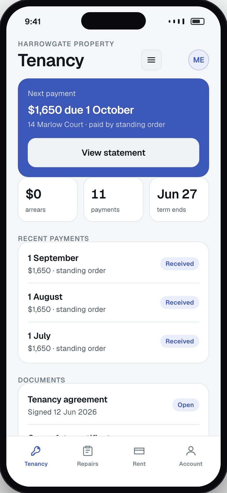Tenant view of the tenancy with rent due, payment history and documents
