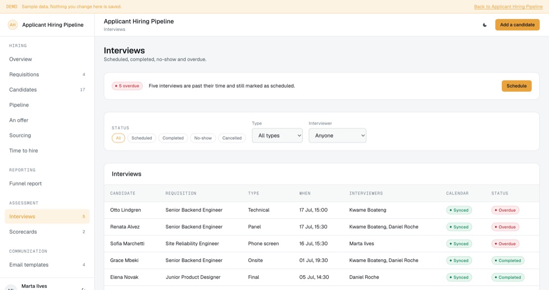 Interviews by type and status with interviewers, calendar sync and the ones past their time still marked scheduled