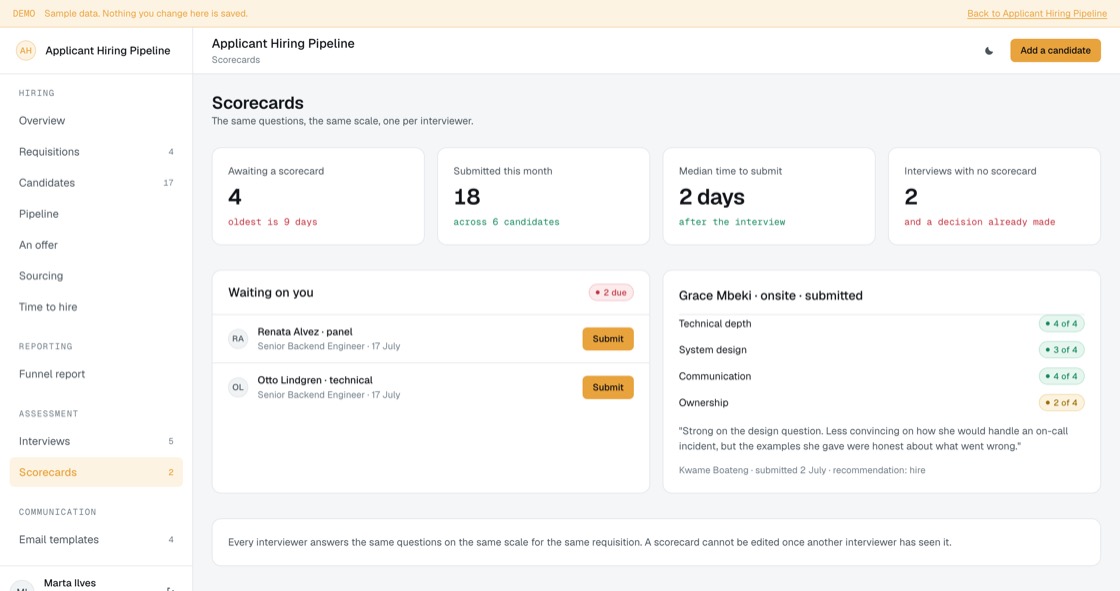 A structured scorecard with the same criteria scored on the same scale, plus written comments and a recommendation