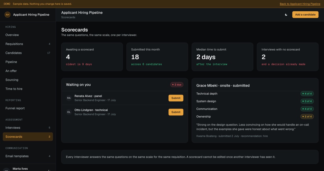 A structured scorecard with the same criteria scored on the same scale, plus written comments and a recommendation