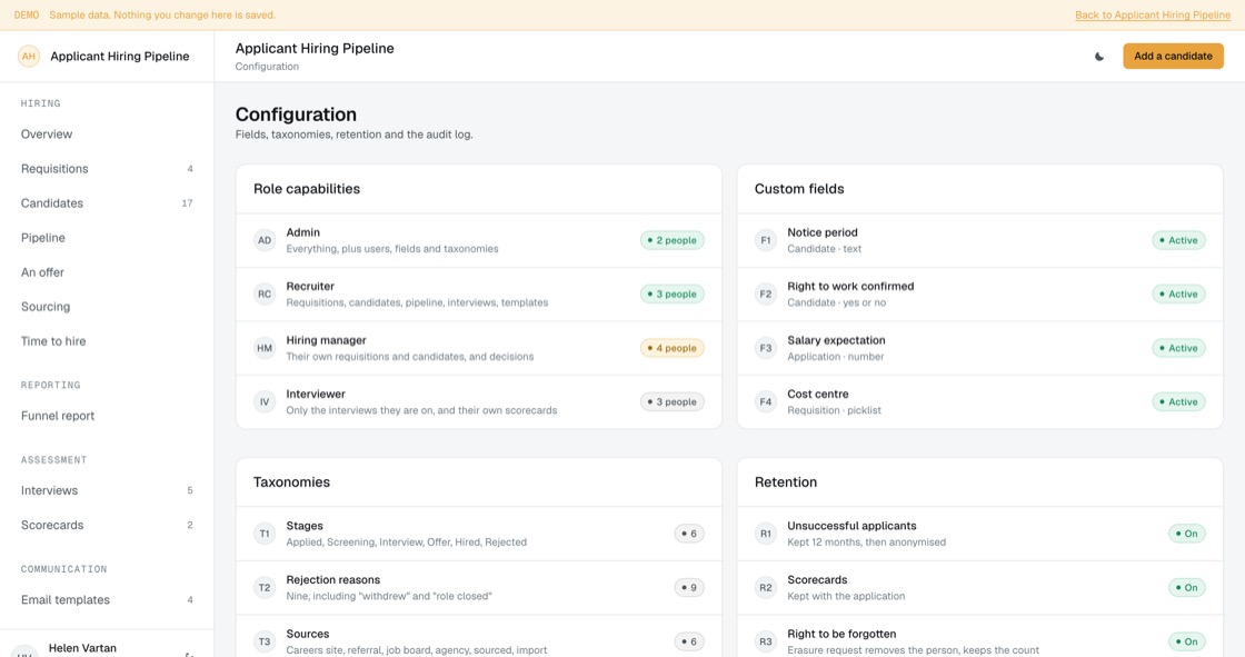 Role capabilities, custom fields, taxonomies for stages and rejection reasons, retention rules and the audit log