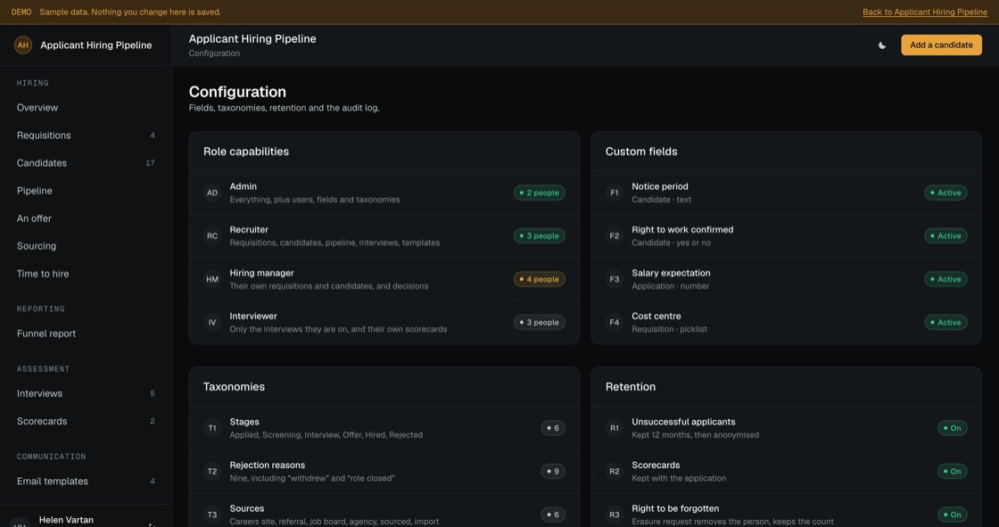 Role capabilities, custom fields, taxonomies for stages and rejection reasons, retention rules and the audit log