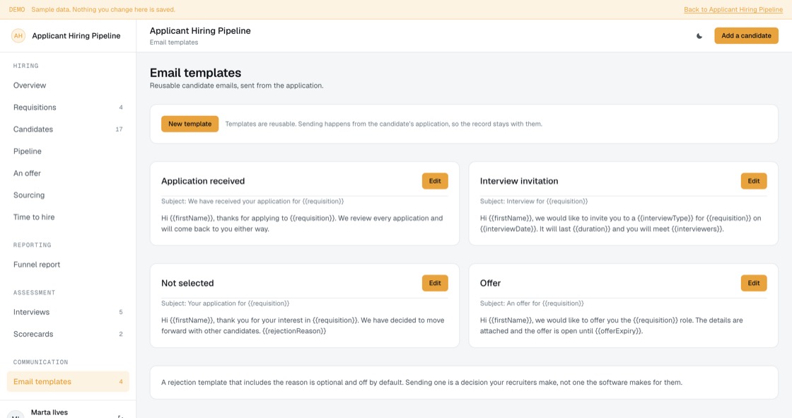 Reusable candidate email templates with merge fields for application received, interview invitation, rejection and offer