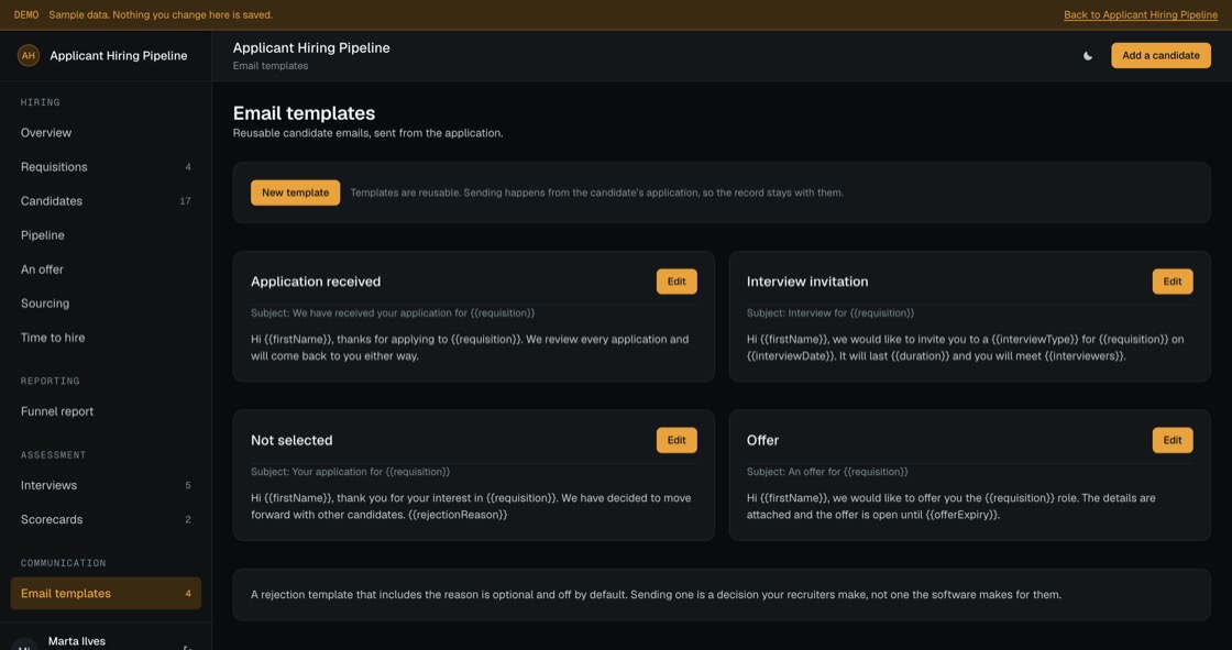 Reusable candidate email templates with merge fields for application received, interview invitation, rejection and offer