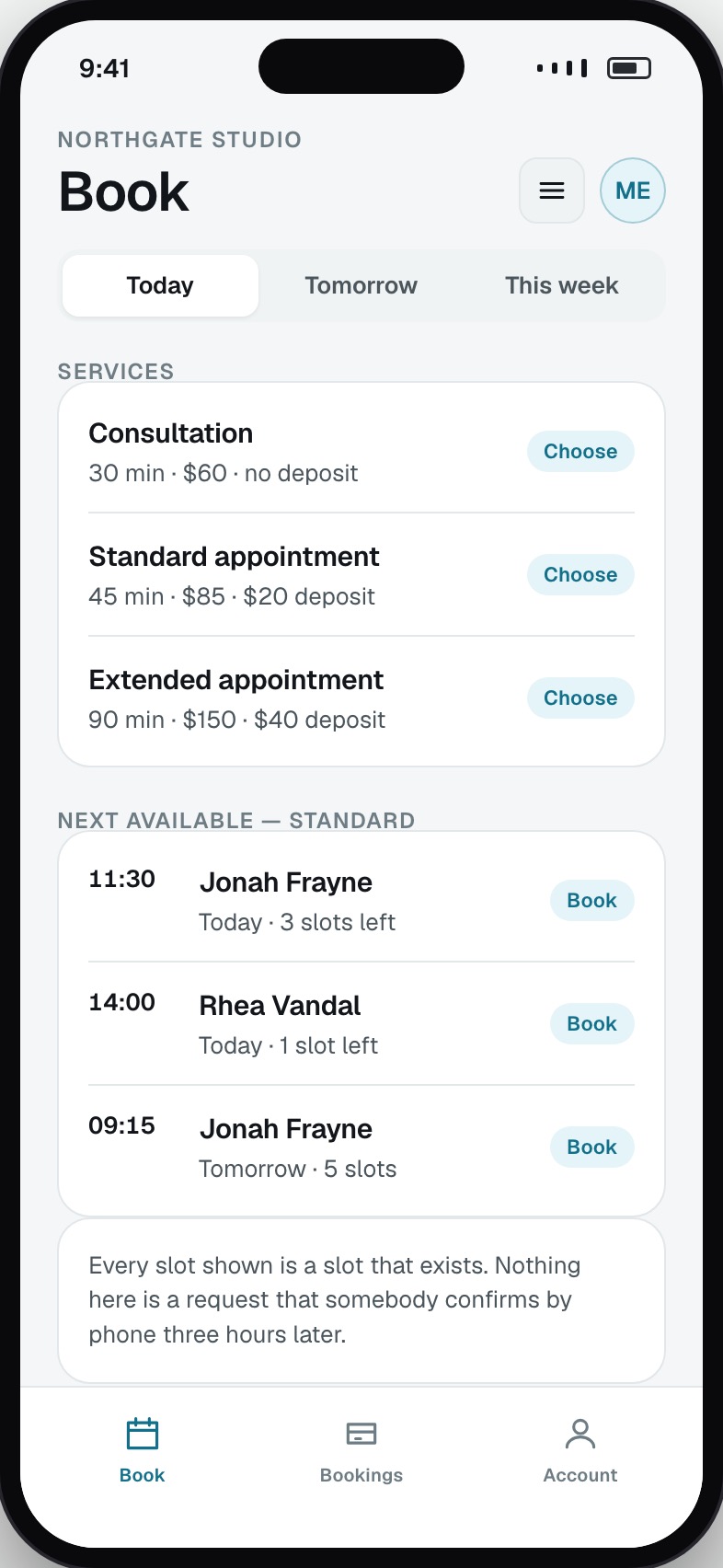 Booking screen showing services with duration and price and the next available slots