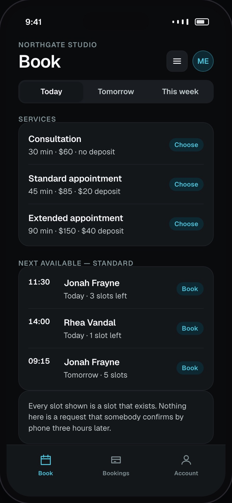 Booking screen showing services with duration and price and the next available slots