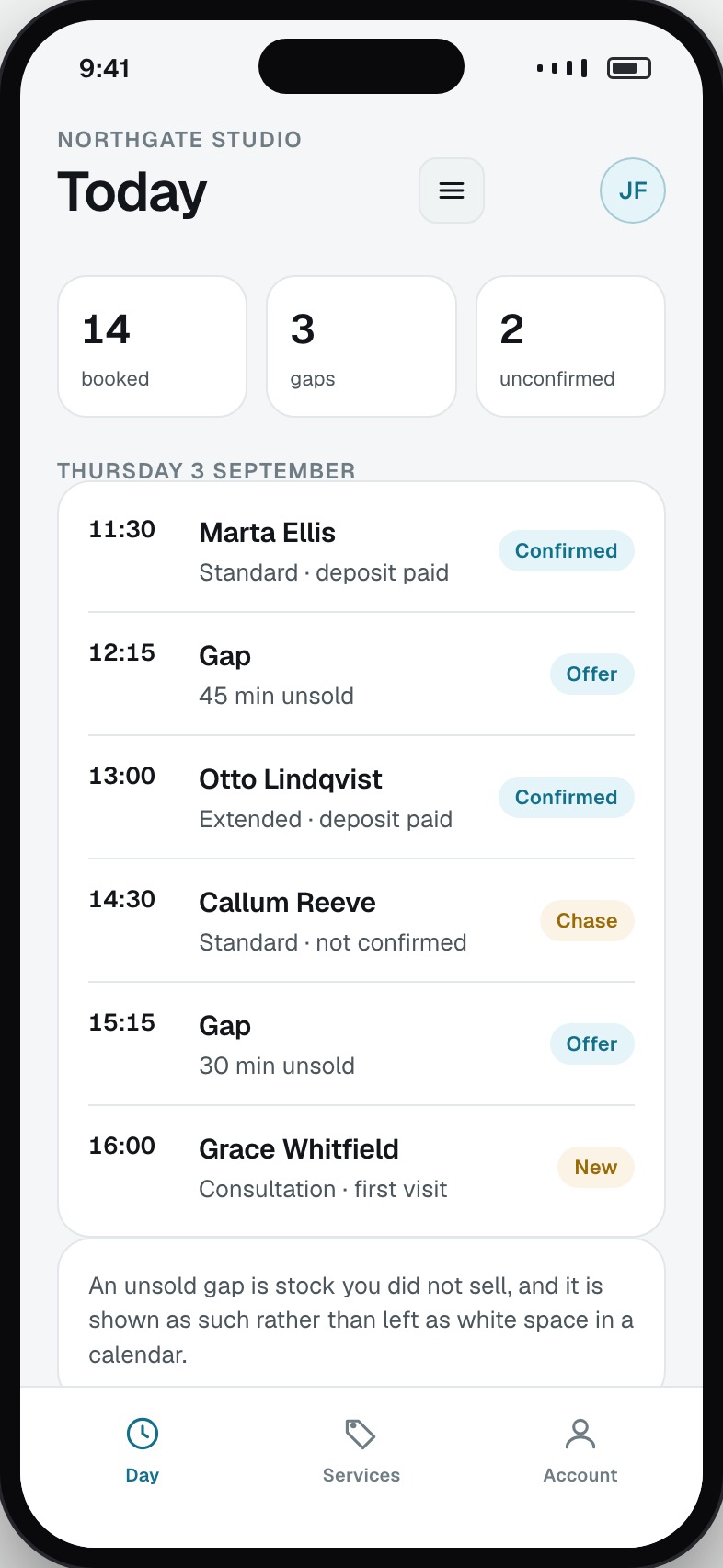 Owner day view showing every appointment, gaps and who has not confirmed