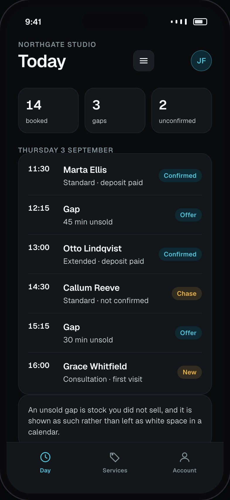 Owner day view showing every appointment, gaps and who has not confirmed