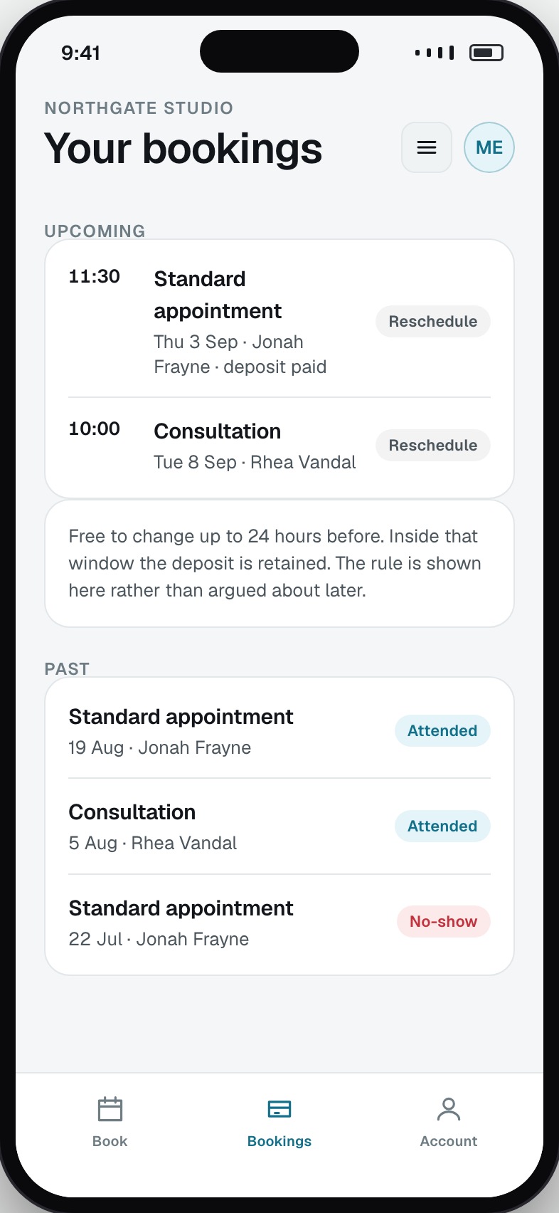 Customer bookings with upcoming appointments, deposits paid and past visits