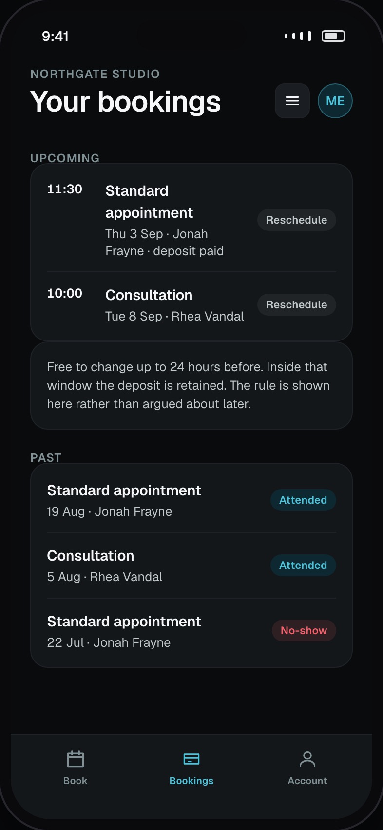 Customer bookings with upcoming appointments, deposits paid and past visits