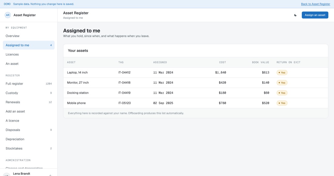 Personal asset list with tag, assignment date, cost, book value and whether it returns on exit