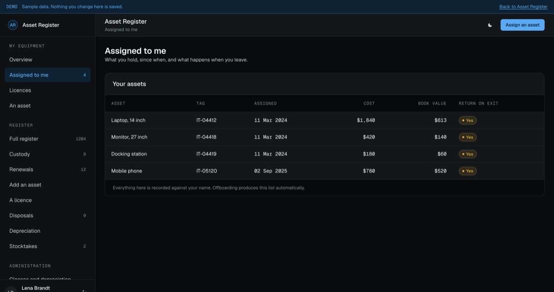 Personal asset list with tag, assignment date, cost, book value and whether it returns on exit