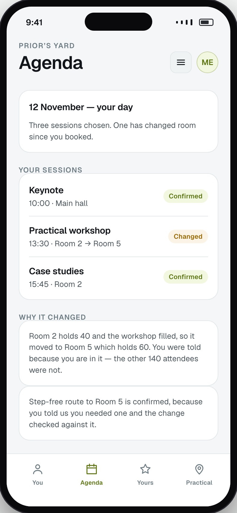 Attendee agenda for the day with their chosen sessions and changes