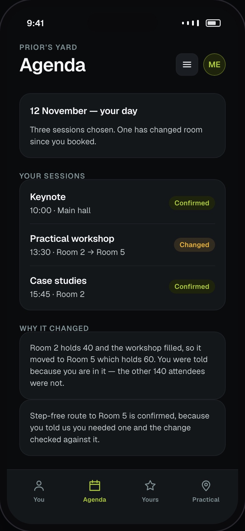 Attendee agenda for the day with their chosen sessions and changes