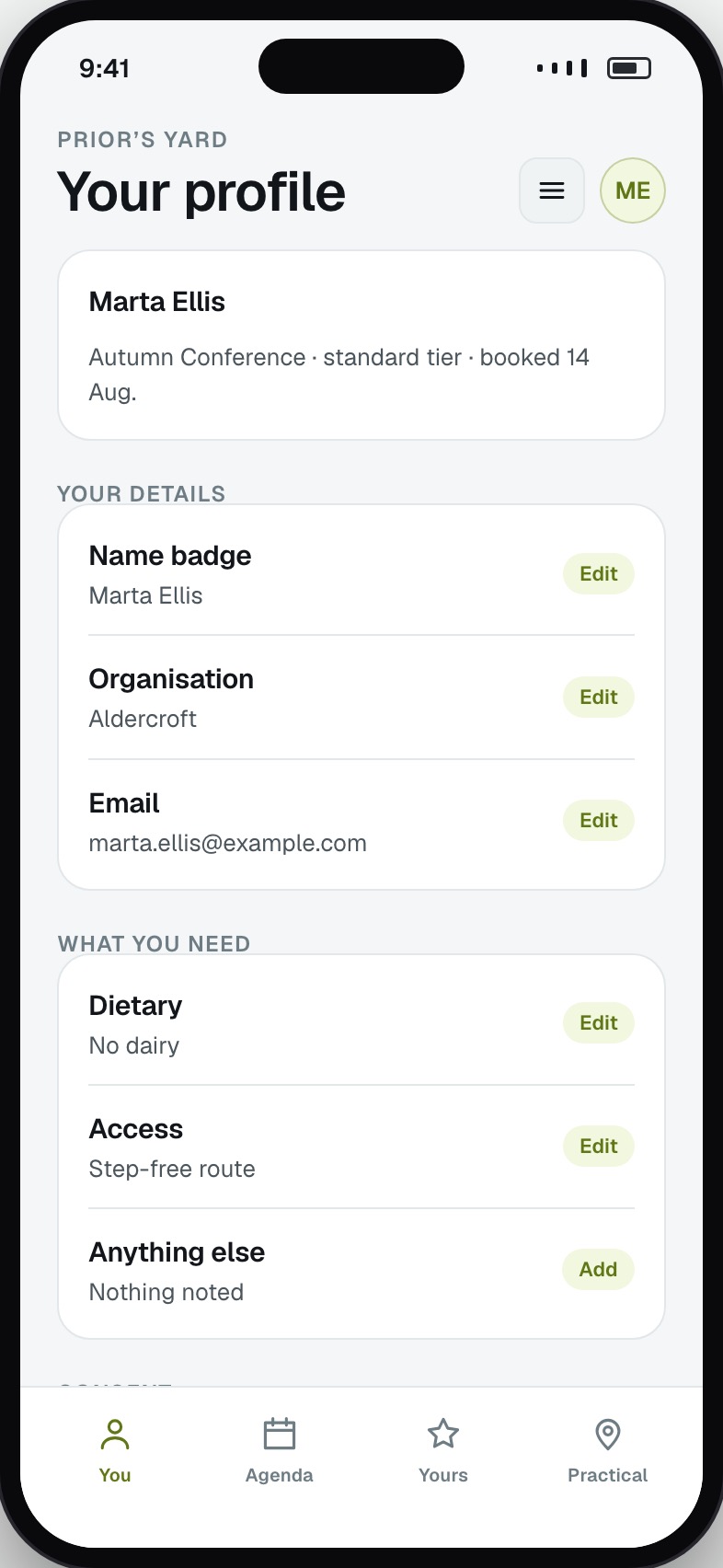 Attendee profile with details, requirements and consent settings