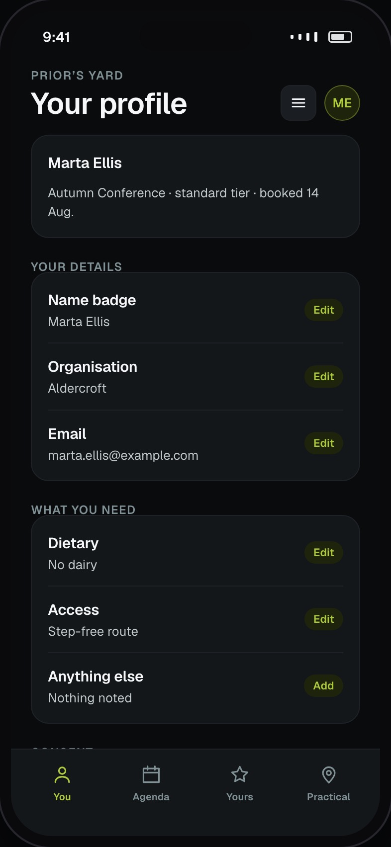 Attendee profile with details, requirements and consent settings