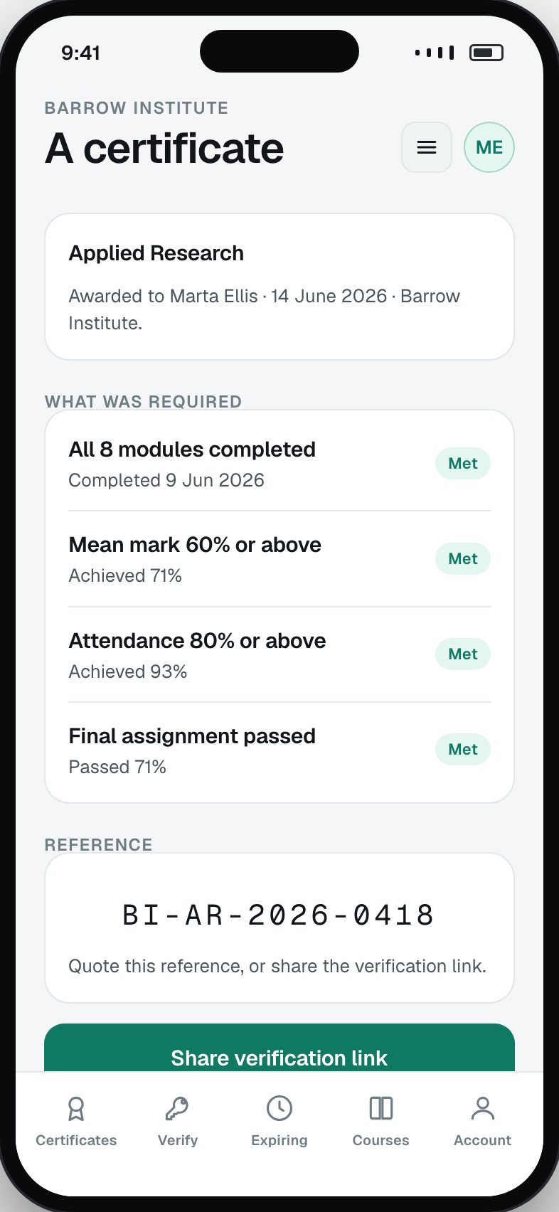 Single certificate with criteria met, issue date and issuing body