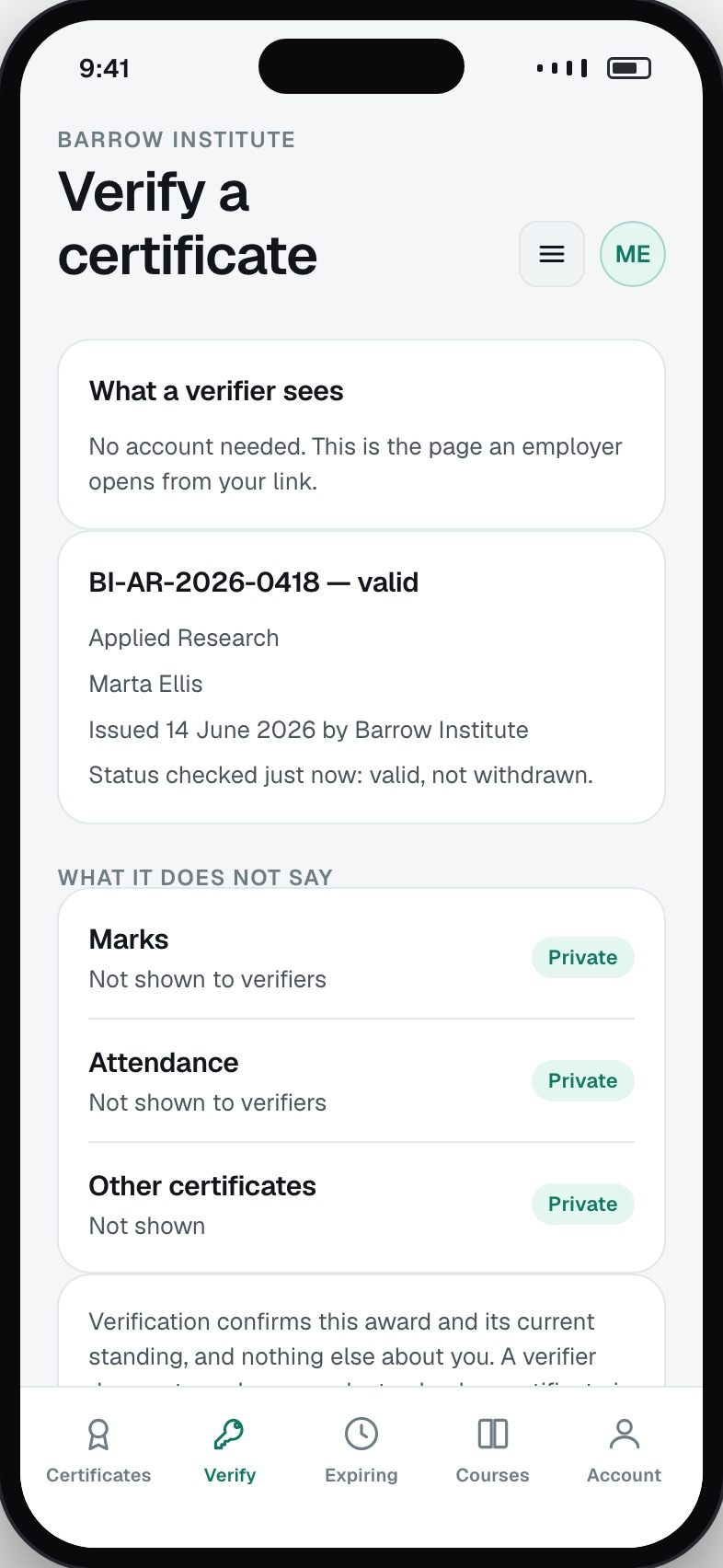 Verification link and what a third party sees when they check it