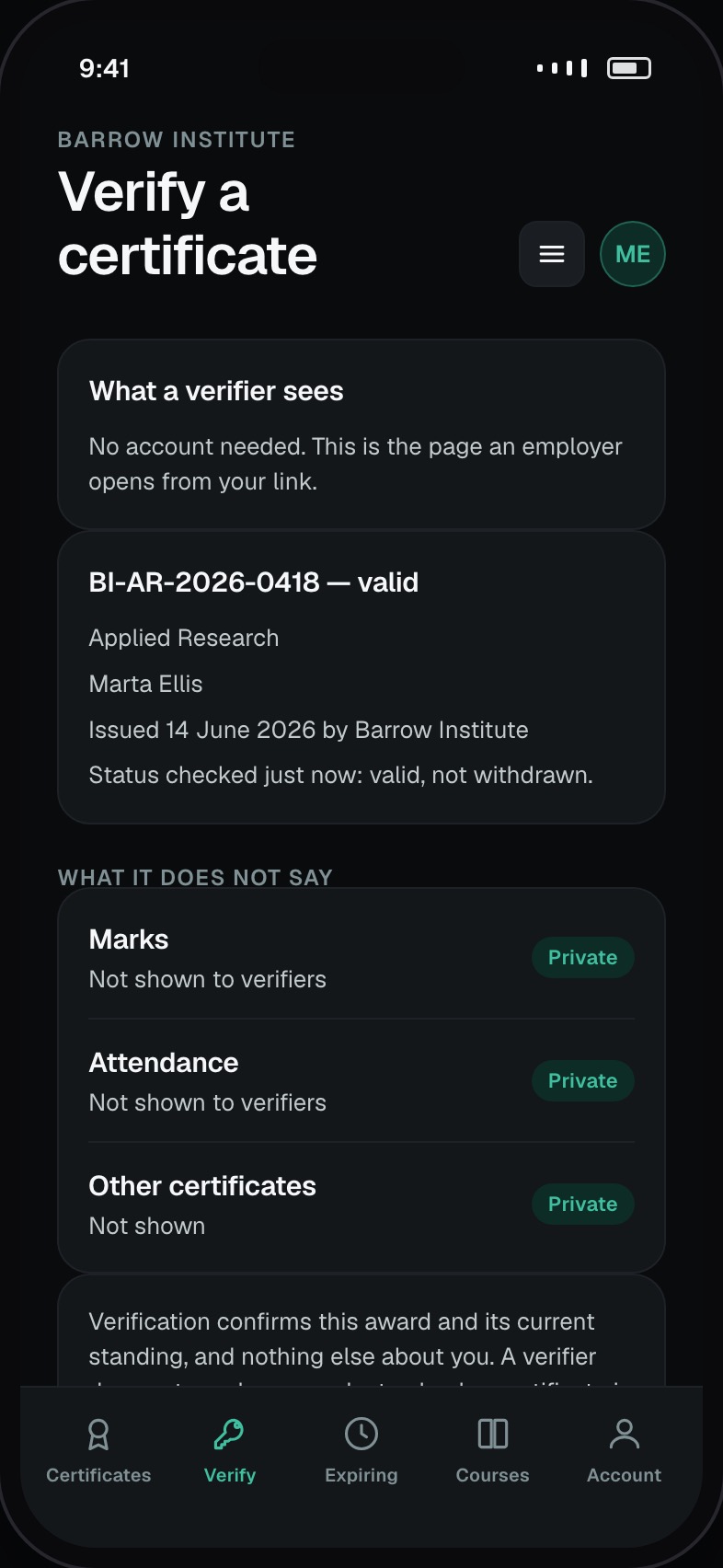 Verification link and what a third party sees when they check it