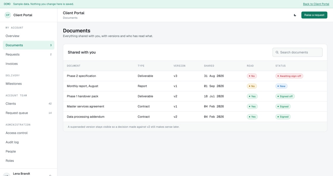 Shared documents with version, date shared, read status and sign-off state