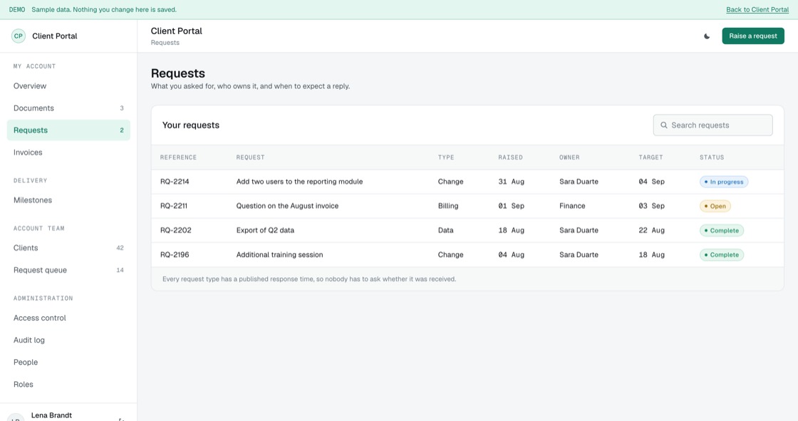 Client requests with type, owner, published target date and current status