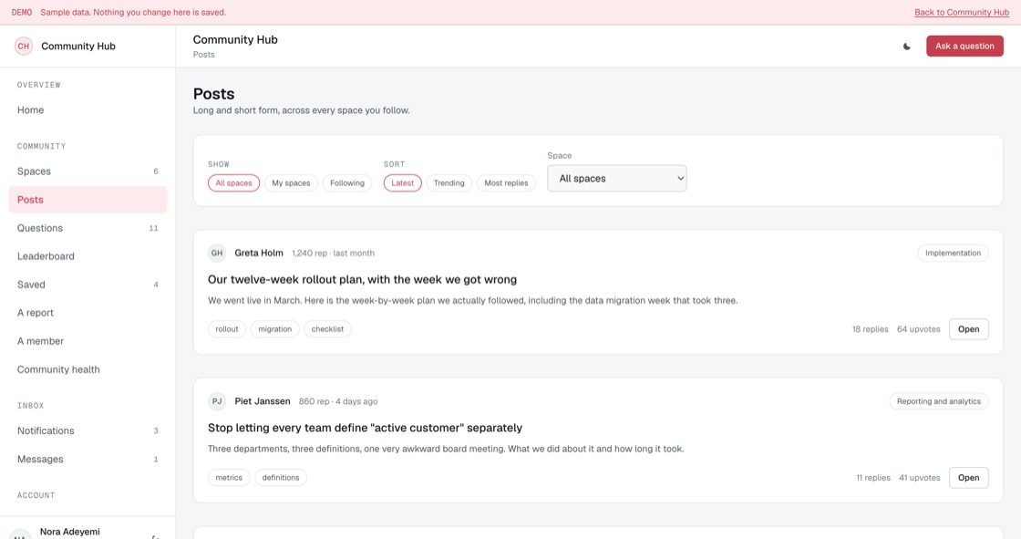 Post feed filtered by space and sorted by latest or trending, each showing author reputation, tags and reply counts