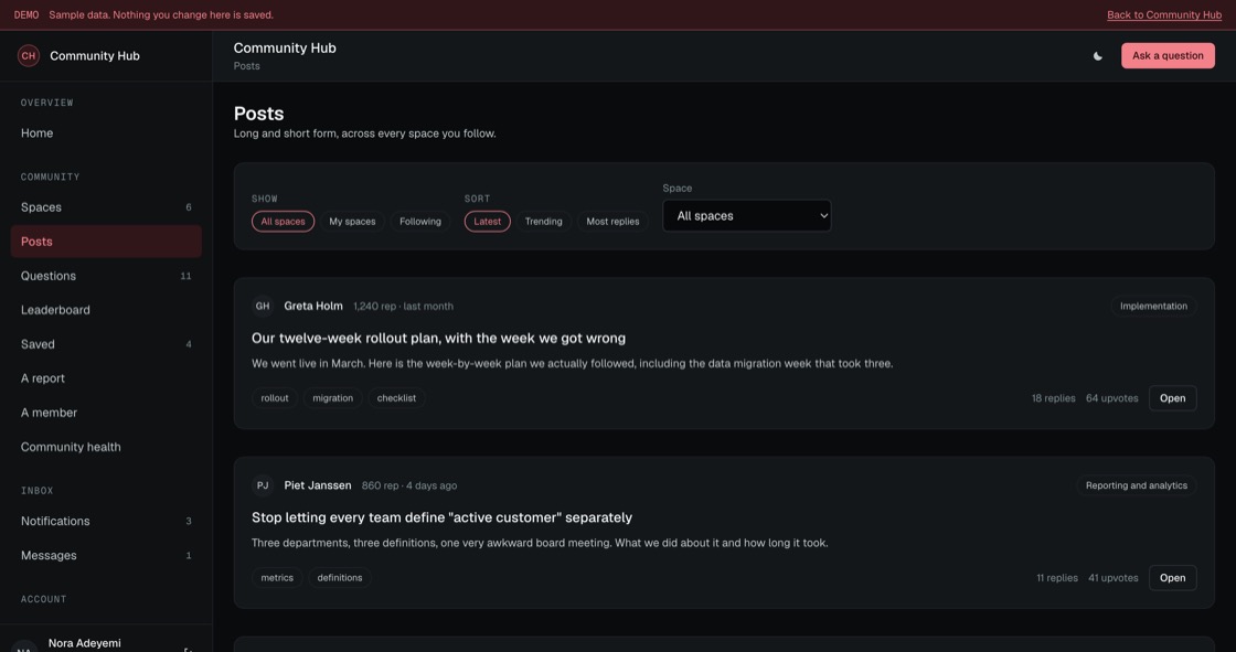 Post feed filtered by space and sorted by latest or trending, each showing author reputation, tags and reply counts