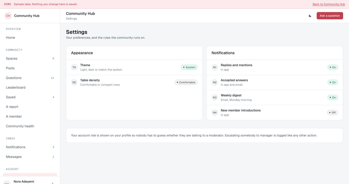Community settings covering appearance, notifications, moderation rules and what each role can do