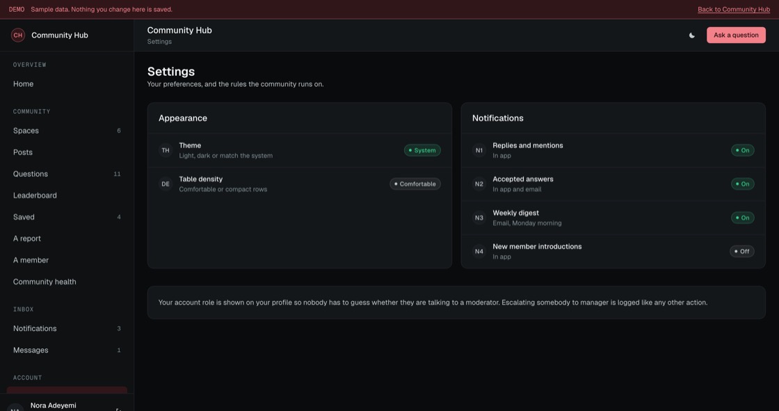 Community settings covering appearance, notifications, moderation rules and what each role can do