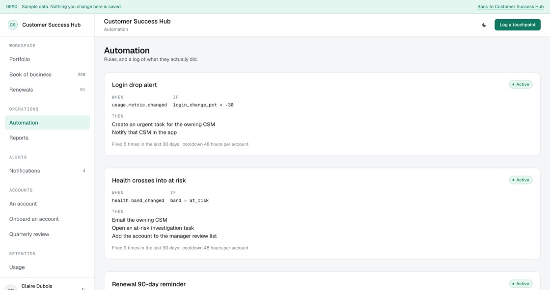 Automation rules showing trigger, condition and actions, with a log of what each rule actually did