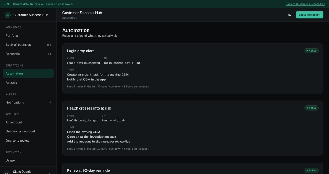 Automation rules showing trigger, condition and actions, with a log of what each rule actually did