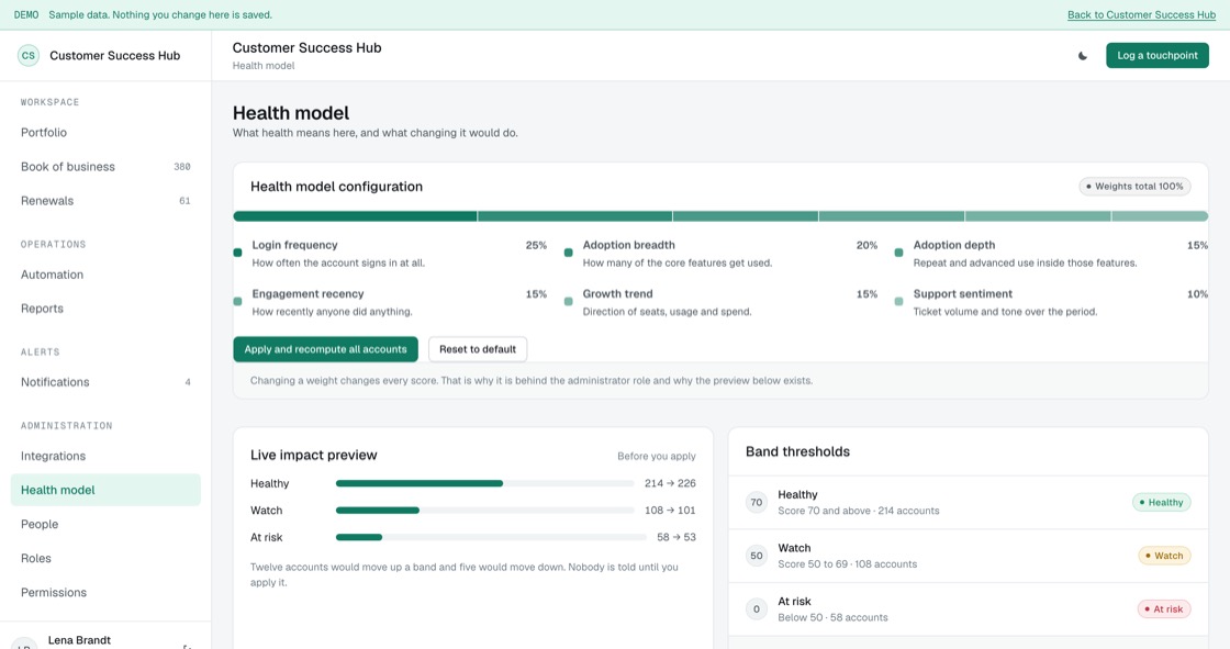 Health model weights with a live preview of how many accounts would change band before applying