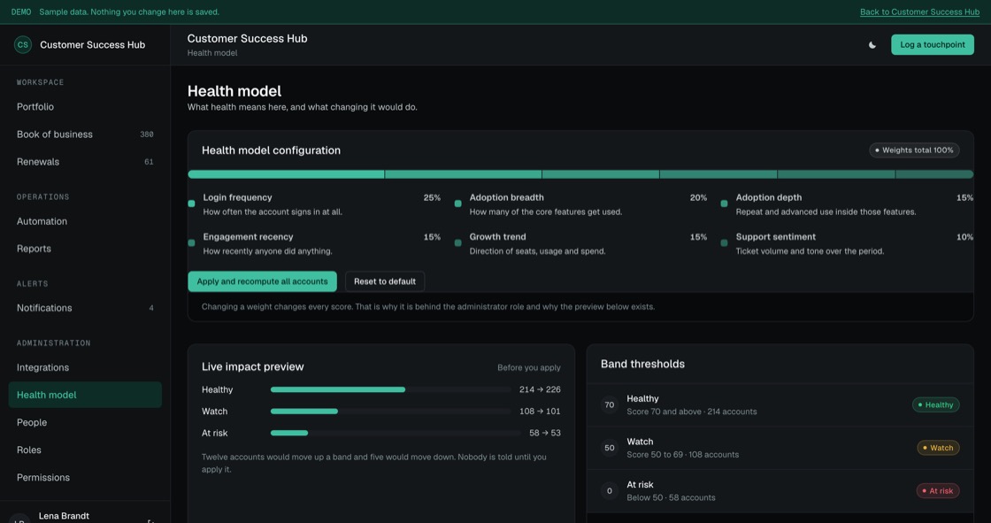 Health model weights with a live preview of how many accounts would change band before applying