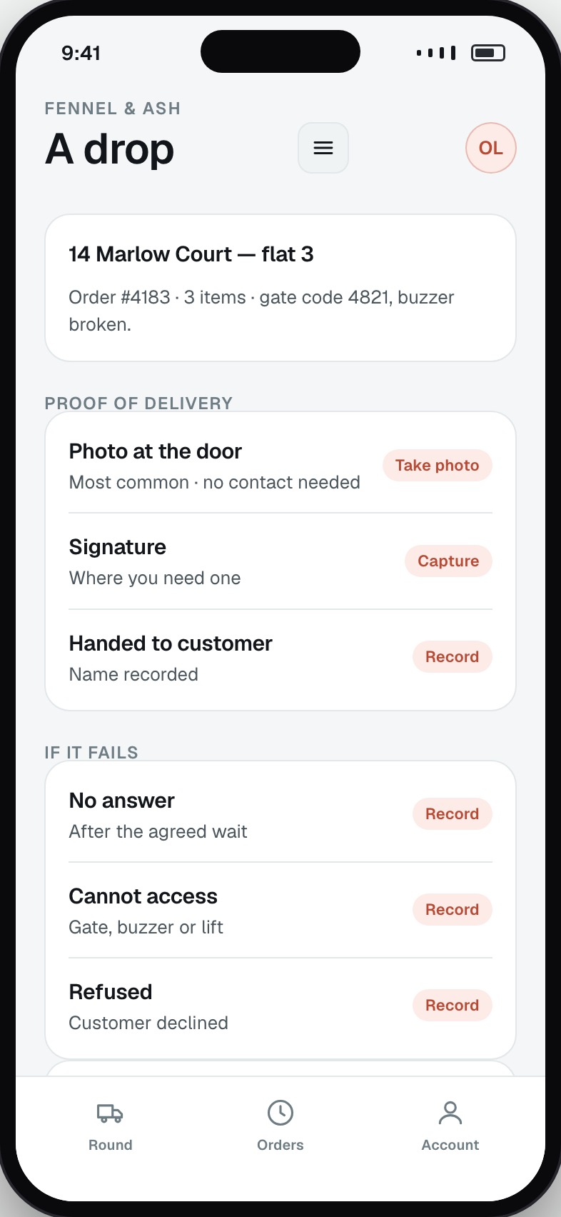 Delivery drop screen with proof of delivery capture and failure reasons