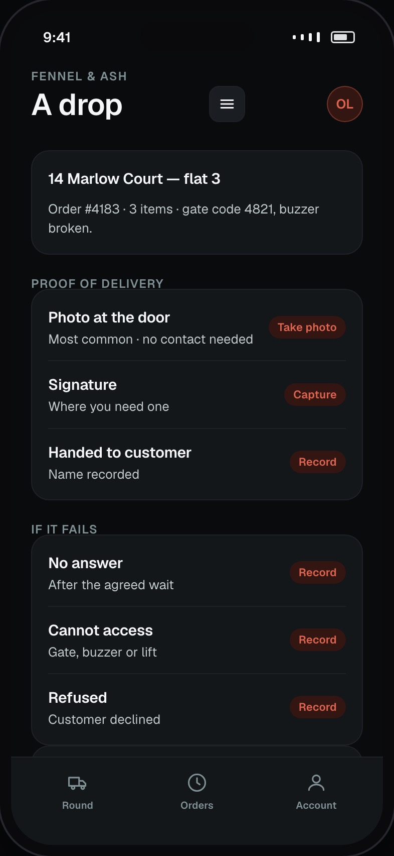 Delivery drop screen with proof of delivery capture and failure reasons