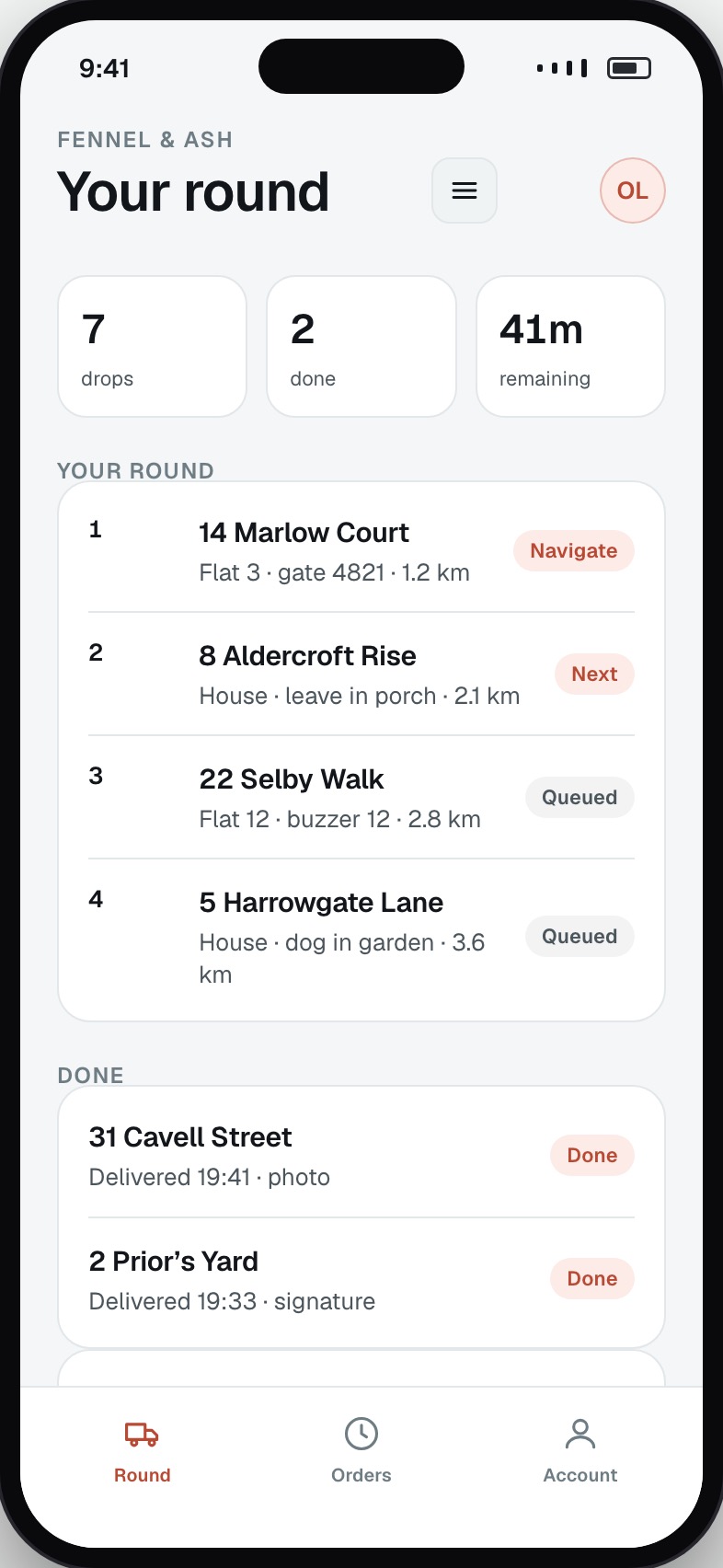 Driver round listing drops in order with addresses and access notes