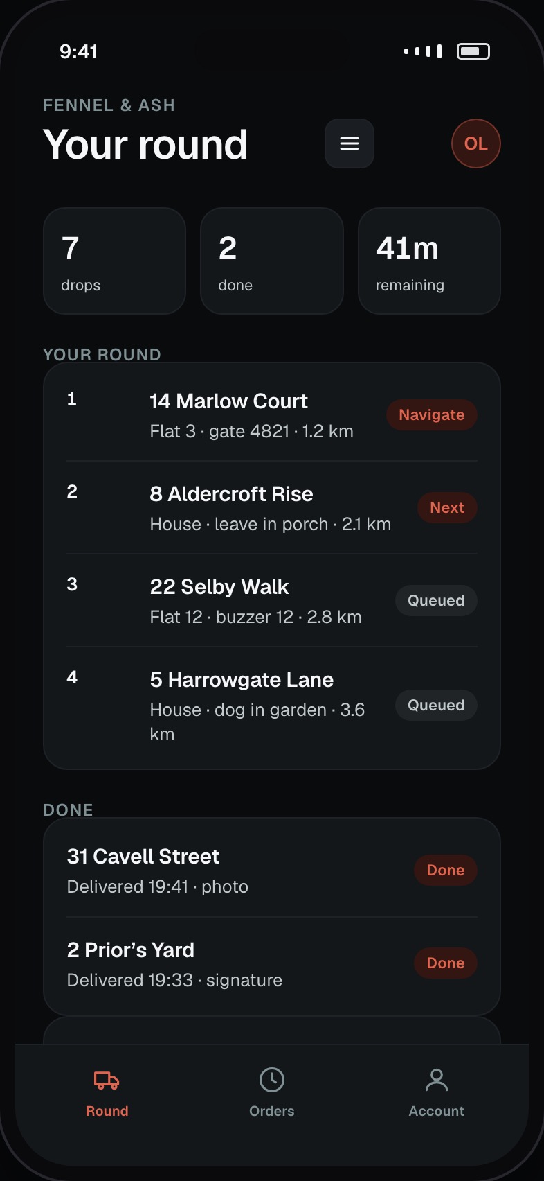 Driver round listing drops in order with addresses and access notes