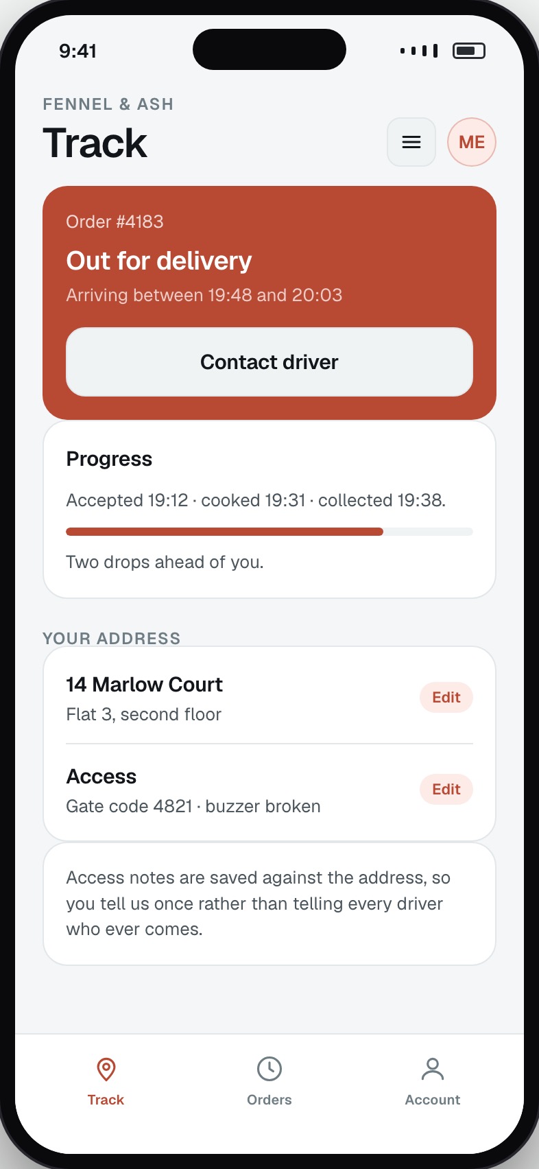 Customer order tracking showing status, delivery window and driver progress