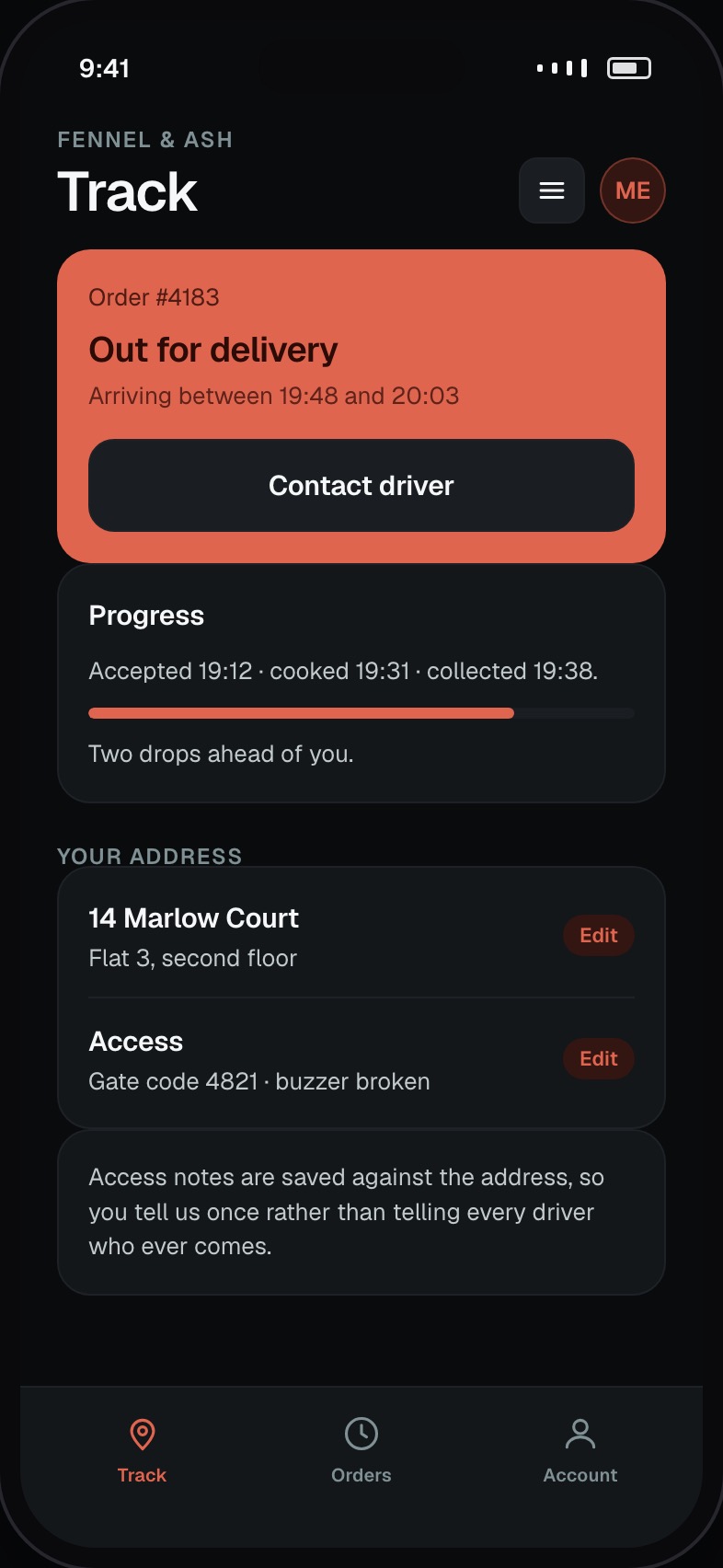 Customer order tracking showing status, delivery window and driver progress