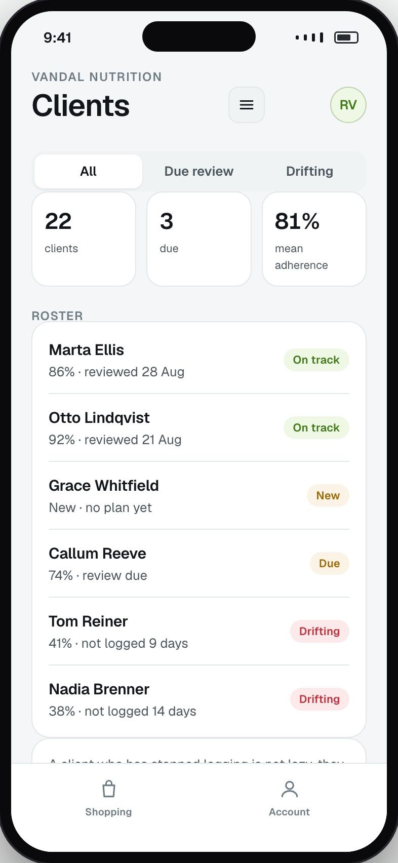 Dietitian client list with adherence, last review and who is drifting
