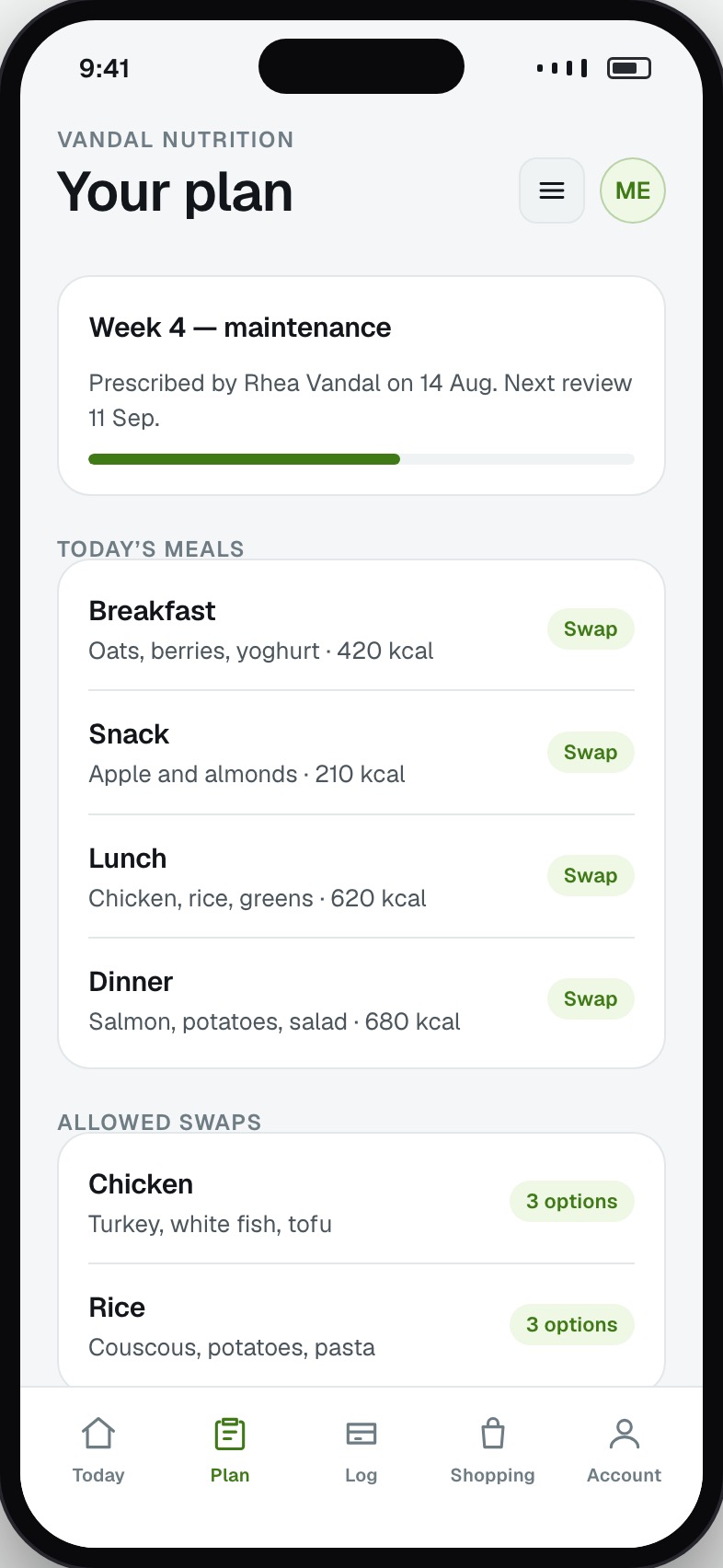 Prescribed plan for the day with meals, portions and allowed swaps