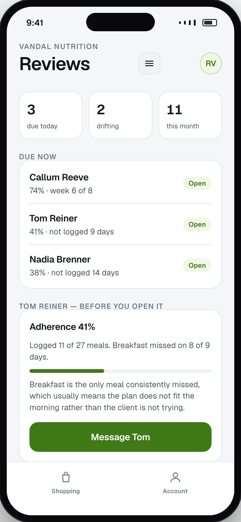 Review queue ordered by who is due, with adherence and notes per client