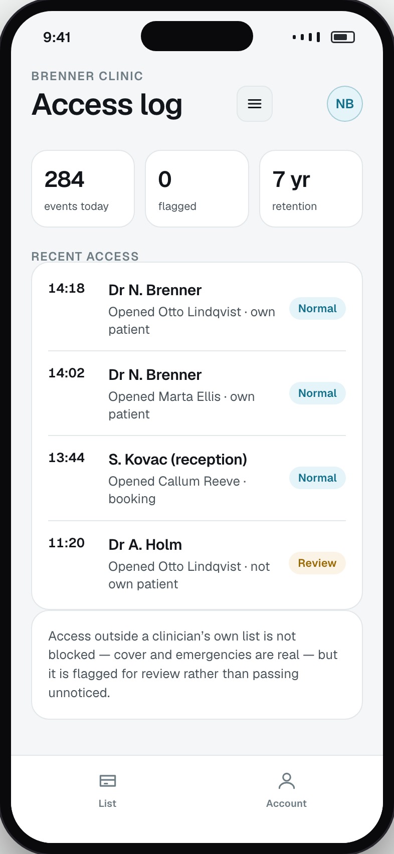Access log showing who opened which record, when, and from where