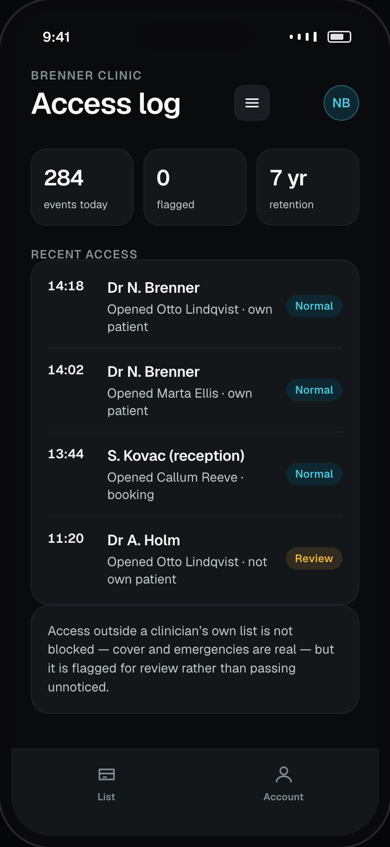 Access log showing who opened which record, when, and from where